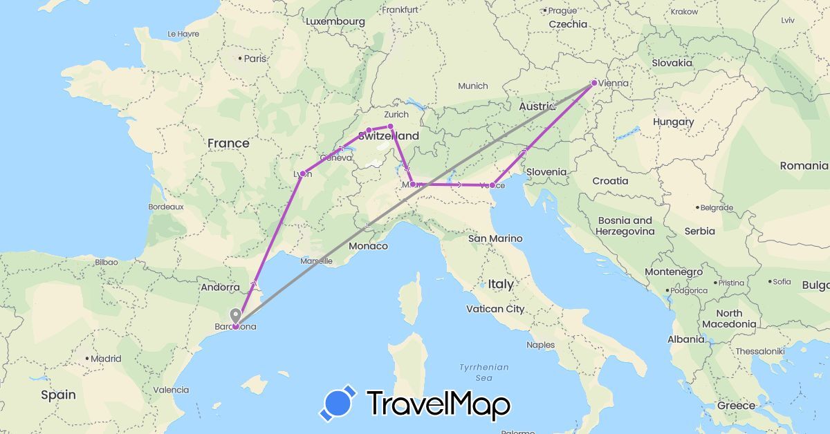 TravelMap itinerary: driving, plane, train in Austria, Switzerland, Spain, France, Italy (Europe)